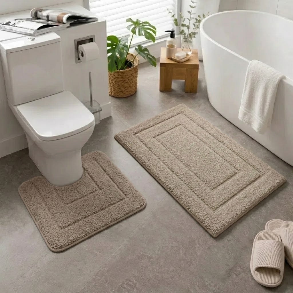 2-delige Badmattenset – Zachte Badmat & WC-mat met U-vorm – Taupe