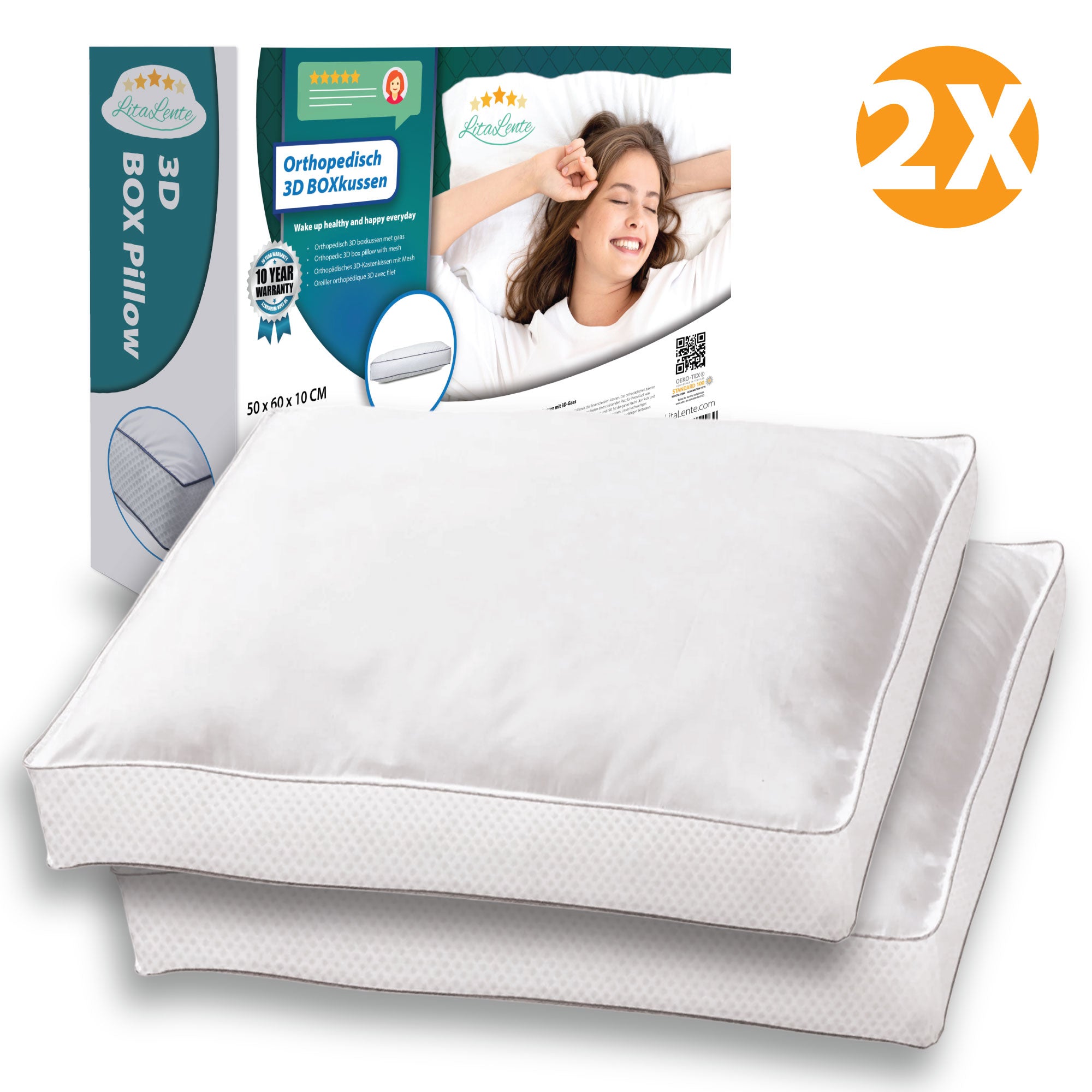 Hoofdkussen - Boxkussen (Set van 2) - Orthopedisch premium boxkussen met 3D gaas - Hoofdkussens Slaapkamer - Geschikt voor rug-, zij- en buikslapers - Orthopedisch - Ergonomisch | 50x60x10 cm