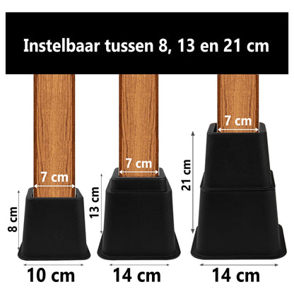 Meubelverhogers | Zwart | Set van 8 | 4 hoog en 4 kort | 8, 13 en 21 CM