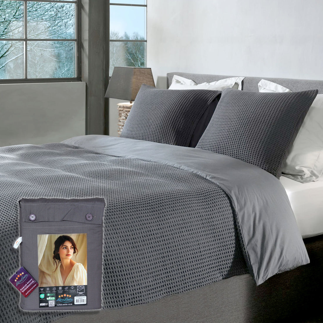 Dekbedovertrek Wafel - 100% katoen - Antraciet