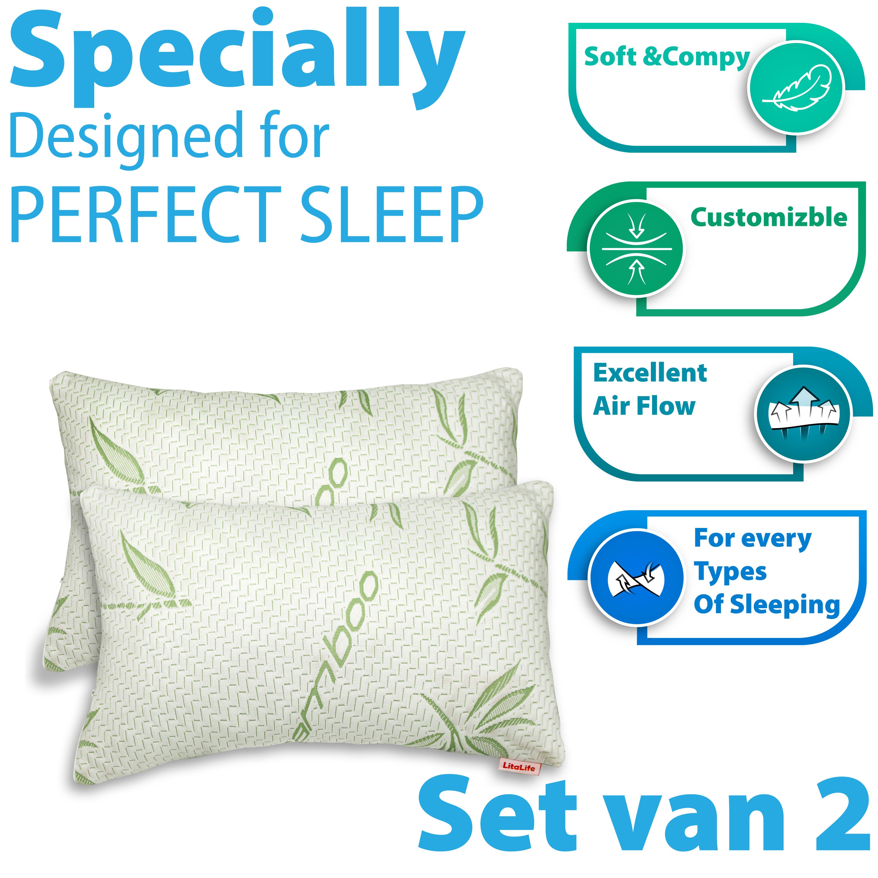 Bamboe kussen (set van 2) Bamboe Comfort Hoofdkussen - Memory Foam vulling (Set van 2)