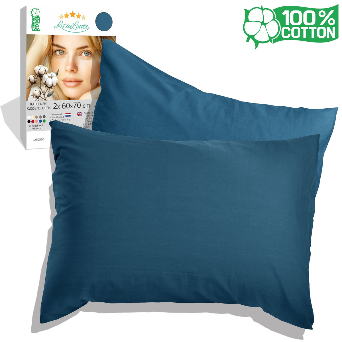 Kissenbezug Baumwolle - 60x70 (2er-Set) - Blau - Antibakterieller Kissenbezug - Kissenschutz - Kissenbezug Baumwolle - Kissenbezug - Kissenschutz