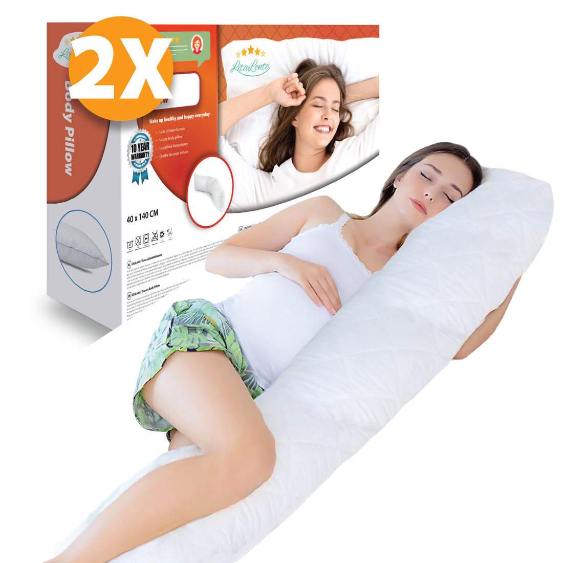 Ergonomisch Lichaamskussen (Set van 2) - zwangerschapskussen 40x140 cm - body pillow zachte gewatteerde overtrek in wit steunkussen Zijslaapkussen Öko-Tex 40 x 140 x 15 cm…